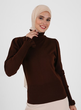 Brown - Unlined - Polo neck - Knit Sweaters - Refka