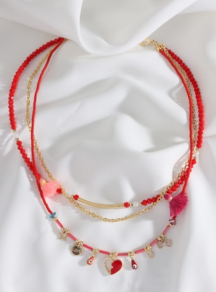 Gold - Red - Necklace - Batı Accessories