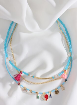 Gold - Blue - Necklace - Batı Accessories