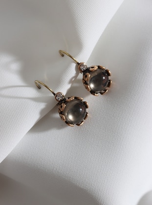 Round Anthracite Translucent Stone Authentic Earrings Gold Color