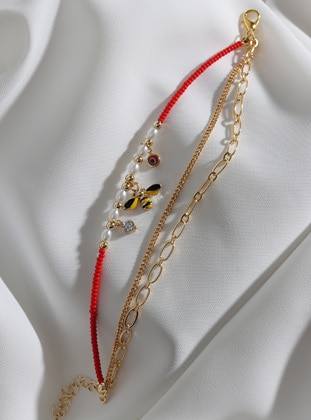 Gold - Red - Bracelet - Batı Accessories