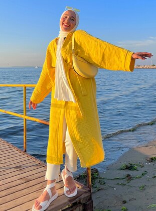Unlined - Yellow - V neck Collar - Kimono - Ceylan Otantik