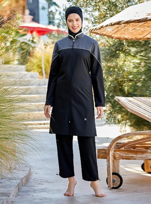 Black - Multi - Fully Lined - Full Coverage Swimsuit Burkini - Maresiva