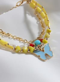 3`Letters Butterfly Fimo Bead Detailed Yellow Bracelet Gold Color Yellow