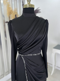 Black - Fully Lined - Crew neck - Modest Evening Dress