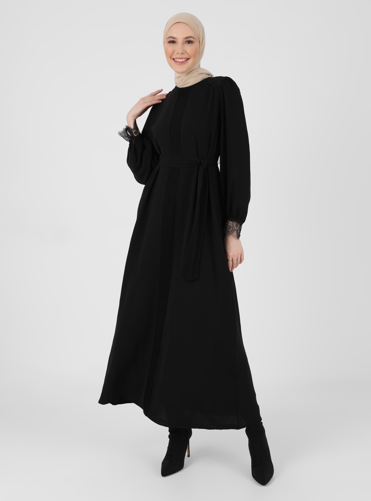 Modest Dress With Lace Collar And Sleeve Ends Black