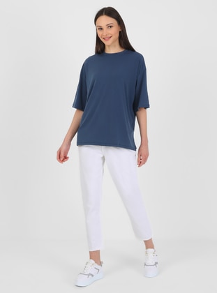 Half Sleeve Basic Draped T Shirt Light Navy Blue