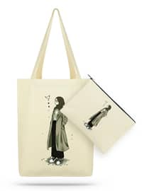 Package Bird And Girl Canvas Fabric Tote Bag Cream-Beige