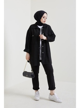 8175 Jacket Pants Hijab Double Jeans Set Black