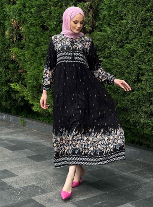 Floral Patterned Modest Dress Black Salmon