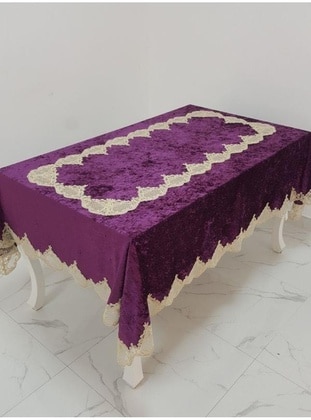 Finezza Elita Luxury Lace Velvet Fabric Purple Tablecloth Rectangle 160X220 Cm - 1015