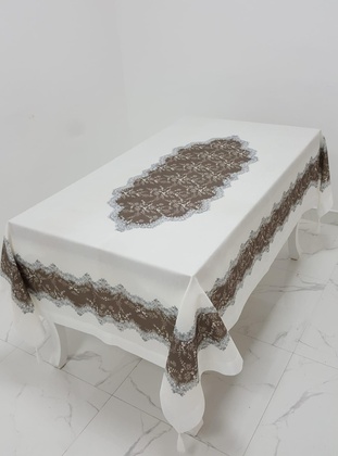 Meltem Printed Linen Fabric Kreme Coffee Color Tablecloth Rectangle 160X220 Cm 1142