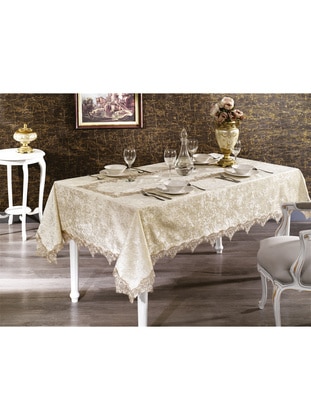 Pera Luxury Lace Velvet Fabric Beige Tablecloth Rectangle 160X220 Cm 932