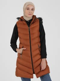 Puffer Vest With Faux Fur Detailed Hat Terra-Cotta