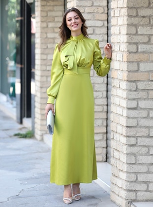 Green - Fully Lined - Crew neck - Modest Evening Dress - SEMRA AYDIN