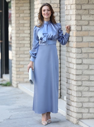 Blue - Fully Lined - Crew neck - Modest Evening Dress  - Semra Aydın