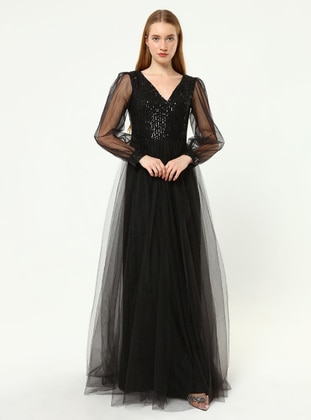 Fully Lined - Black - V neck Collar - Evening Dresses - Asee`s