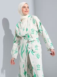 Cream - Green - Floral - Unlined - V neck Collar - Suit