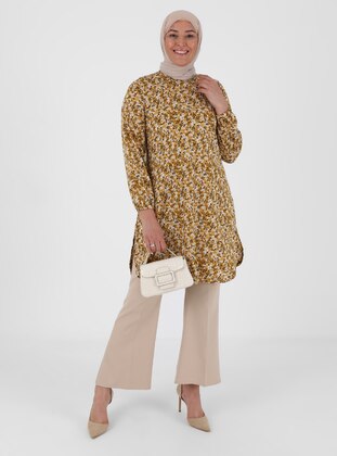 Mustard - Floral - Crew neck - Plus Size Tunic - GELİNCE