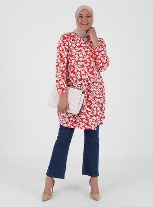 Red - Floral - Crew neck - Plus Size Tunic - GELİNCE