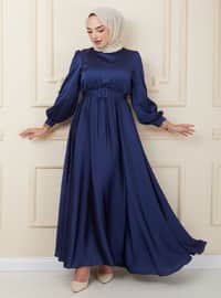 Flared Satin Hijab Evening Dress With Belt Accessories Navy Blue