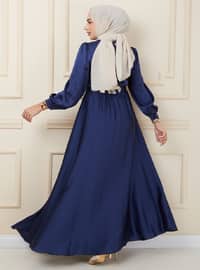 Flared Satin Hijab Evening Dress With Belt Accessories Navy Blue