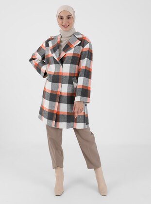 Orange - Plaid - Fully Lined - Double-Breasted - Coat - Olcay