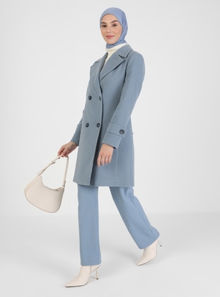 Blue - Fully Lined - Shawl Collar - Coat - Olcay