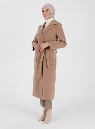 Camel Coat With Snap Fastened Buttons And Belt