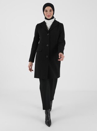 Black - Fully Lined - Shawl Collar - Coat - Olcay