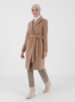 Camel - Fully Lined - Double-Breasted - Coat - Olcay