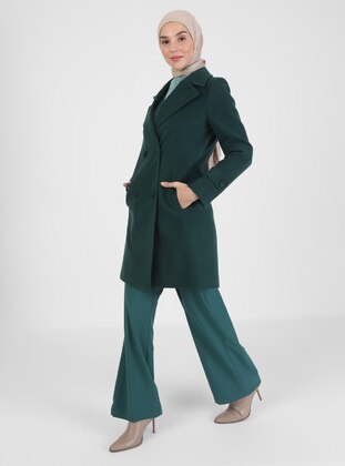 Green - Fully Lined - Shawl Collar - Coat - Olcay