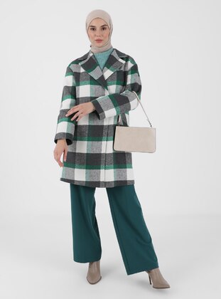 Green - Plaid - Fully Lined - Double-Breasted - Coat - Olcay