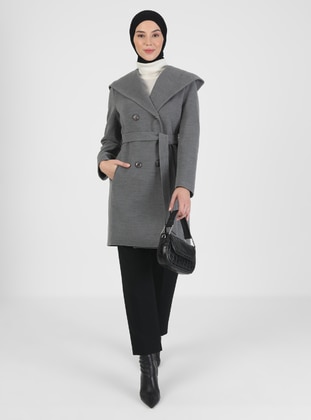 Gray - Fully Lined - Shawl Collar - Coat - Olcay