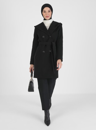 Black - Fully Lined - Shawl Collar - Coat - Olcay