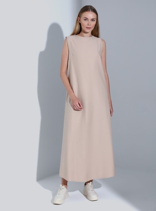 Cotton Fabric Sleeveless Modest Dress Beige