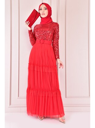 Red - Modest Evening Dress - Moda Merve