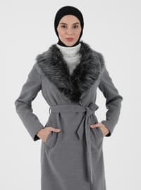 Gray - Fully Lined - V neck Collar - Coat