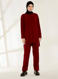 Fitted Trousers Knitwear Co-Ord Set Burgundy