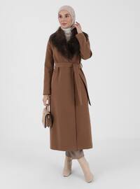Faux Fur Patterned Snap Fastened Button Coat Tan