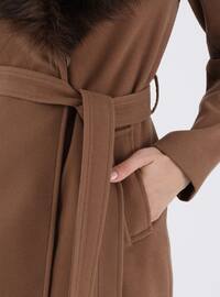 Faux Fur Patterned Snap Fastened Button Coat Tan