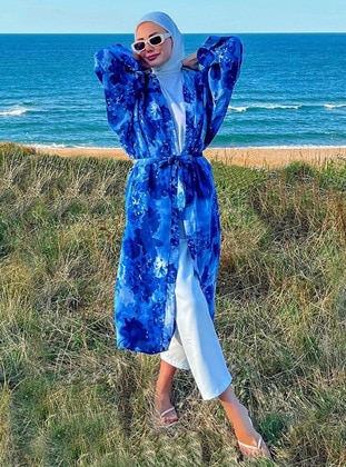 Unlined - Floral - Blue - Kimono - Ceylan Otantik