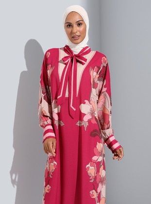 Floral Patterned Modest Dress With Binding Detail Cherry Beige