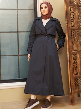 Button Detailed Trenchcoat Navy Blue