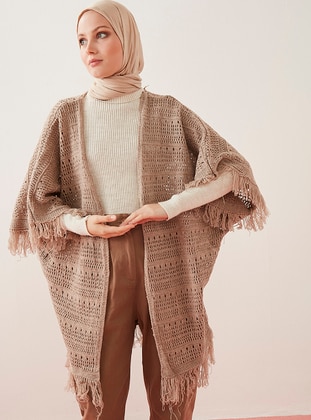 Knitwear Poncho With Fringes On The Hem And Sleeve Mink