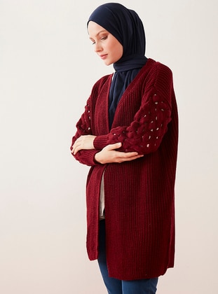 Knit Sweater Cardigan Burgundy With Ticktock And Hole Detail On Sleeves