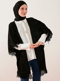Knitwear Poncho With Fringes On Hem And Sleeve Black
