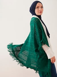 Knitwear Poncho With Fringes On Skirt And Armhole Emerald