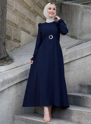 Navy Blue - Round Collar - Unlined - Modest Dress - Tofisa