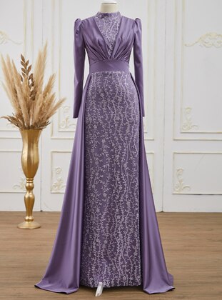 Lilac - Fully Lined - Crew neck - Modest Evening Dress - Aslan Polat